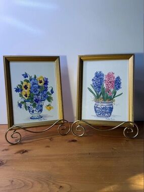 Floral Framed Print Pair with Gold Frames - Blue, Pink, Yellow Barbara Mock